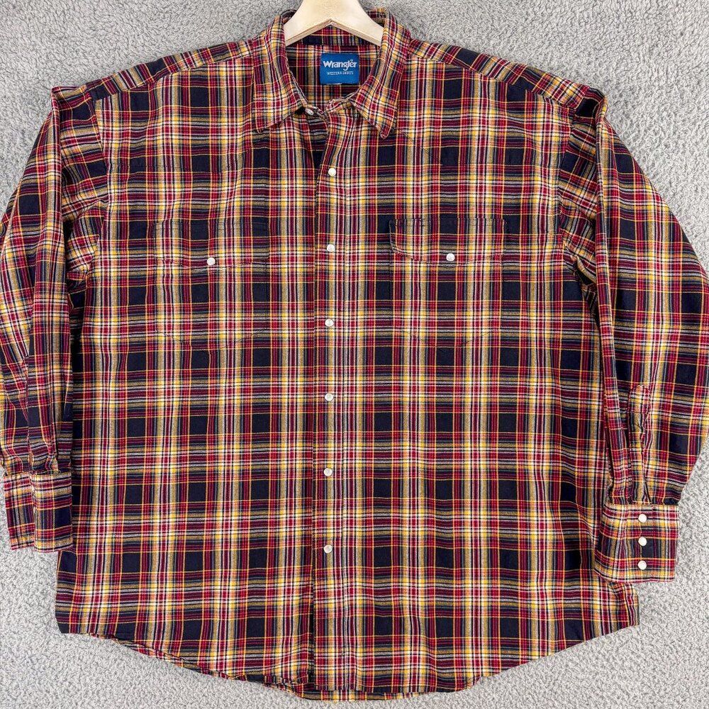 Wrangler Western Shirt Mens XXL Red Black Plaid Cowboy Pearl Snap Farm‎ Ranch